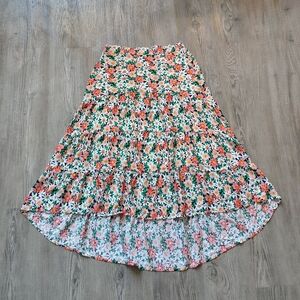 Floral High-Low Tiered Skirt - White & Multi